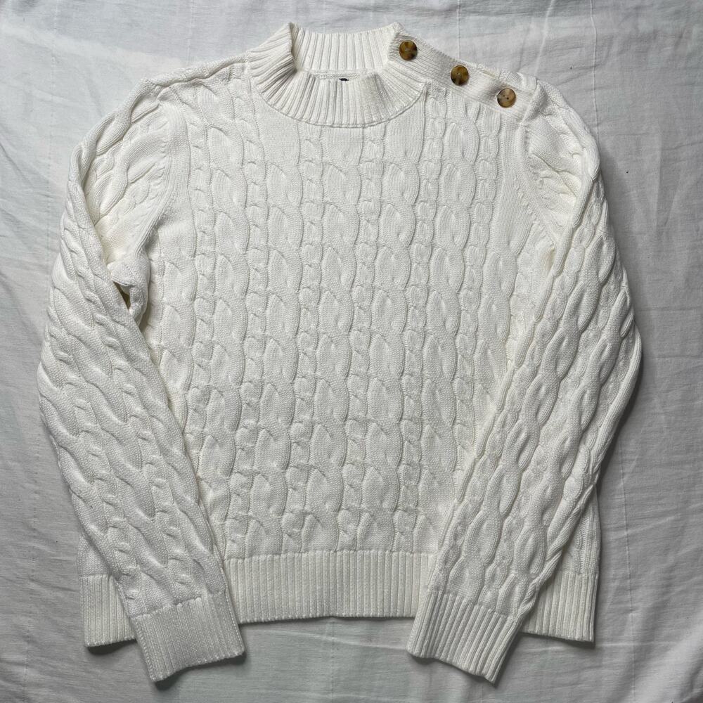 Lands End White Drifter Cable Knit Button Shoulder Sweater Large Women's Cotton